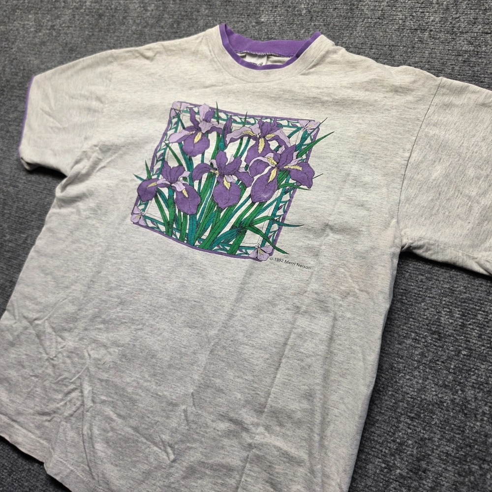 Vintage 1992 Merri Nelson Purple Iris Floral Ringer T-Shirt L Single Stitch USA
